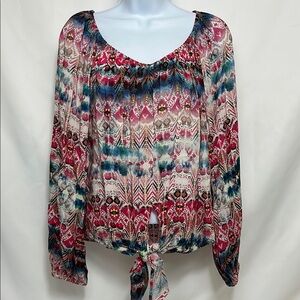 New Karen Kane Women’s Size Large Petite Multicolored Crop Tie Front Blouse